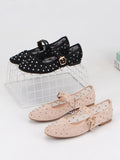 Pbong  Rhinestone Mesh Ballet Flats Women Shoes Summer Breathable Black Elegant Mary Janes Buckle Strap Casual Ladies Shoes Footwear