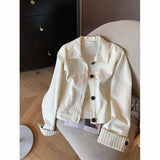 Fashion Sweet Slim Denim Jacket Women Korean Long Sleeve Striped Patchwork Short Coat Fall Winter Female Chic Outwear Tops