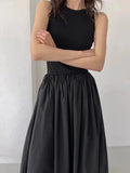 Korean Style round Neck Slim Fit Splice Pleated Maxi Dress Women's Sleeveless Dress Spring  Elegant Long Skirt