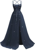 Pbong  Lace Applique Sparkly Tulle Prom Dresses for Women with Slit Spaghetti Straps Backless A Line Long Ball Gown