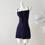 Pbong   Dark Blue Floral Dress Short Sexy Lace-up Bow Squared Collar Mini Dress Korean Chic Hot Girl Summer Beach Spaghetti Strap Dress