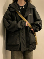 Oversized Hooded Jacket Women Vintage Loose Windbreaker Jackets Female Korean Stylish Harajuku Casual Zipper Coat