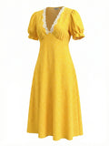 Pbong  Casual Yellow V Neck Lace Trim Dot Print Dresses for Women Short Sleeve Slimming Ruffle for French Vacation Style