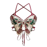 Women Summer Sleeveless Crisscross Tie Backless Sexy Camisole Butterfly Embroidery Halterneck Bras Festival Crop Top