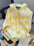 Cartoon Striped Hooded Cardigan Women Loose Cute Long Sleeve Sweet Knitted Sweater Preppy Style Female Kawaii Vintage Tops