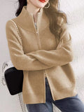 Women's Zip Up Sweater Cardigan Cozy Knit Stand Collar Zipper Front Plain Sweater Jacket Female Korean Chic Fall Winter Outfit