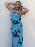 Fashion Print Ribbon Strapless Dress For Women Slim Halter Neck Elegant Long Dress Summer Fashion Vacation Ladies Dress