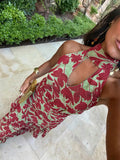 Pbong   Sexy Printed Women's Dress Fashion Halter Hollow Out Sleeveless Female Dresses Summer Holidays Vacation Lady Robe New