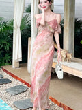 Womens Pink Floral Chic Off Shoulder Sexy Sling Long Dress Summer Elegant Ruffled Casual Dress 2025 Korena Fashion Bodycon Dress