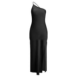 New Summer Fashion Backless Vacation Party Vestidos Satin Sexy Slim Slant Shoulder Solid Color Slit Casual Long Dress Vestidos