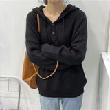 Hooded Sweater for Women Loose Button Front Long Sleeve Rib Knit Pullovers Hoodie Fall Winter Teen-girl Casual Chic Outfit