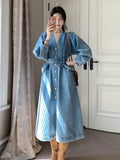 Dresses for Women Autumn V-Neck Temperament Cowboy Dresses LOOSE Solid Robe Korean Fashion Versatile A-line Long Dress