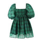 Pbong  Sweet Green Gingham Plaid Organza Ball Gown Dress Puff Sleeve Retro Women Swing Short Princess Robe Fairy Cake Vestidos
