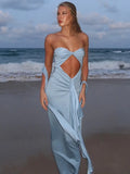 Hollow Strapless Long Dress Women's Ribbon Backless Sexy Ruched Dress Solid Sleeveless Summer Female Vacation Maxi Dress