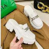 Pbong  Women's Elevated Platform House Slippers Female Slides Shoes Square heel Mules Fashion Loafers Med Cover Toe Heels Luxury Fabric