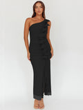 One Shoulder Draped Ruffle Maxi Dress Women Gown Fashion Diagonal Collar Backless Sleeveless Split Long Dress Elegant