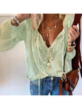 Women's Retro Ethnic V-Neck Lace Chiffon Shirt Casual Loose Office Top Spring Fashion Ladies Tops