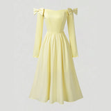 Pbong  Sweet Elegant Women Spring Summer Light Yellow One Shoulder Bow Dress Long Sleeve Waist Slimming Medium Length Princess Dress
