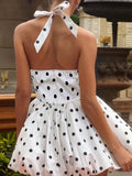 Polka Dot Vacation Mini Dress For Women  High Waist A-line Ball Gown Dress Sleeveless Halter Neck Female Summer Fashion