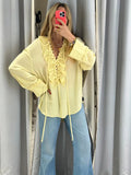 Elegant Casual Ruffles Lace-up Shirts Women Fashion Loose Long Sleeve V Neck Summer Blouse Lady Lightweight Holiday Tops 2025