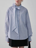 Pbong  Korean Elegant Blouses Striped Lace-up Pockets Long Sleeve Shirts Fashion Loose All Match Tops New Design Women Clothing