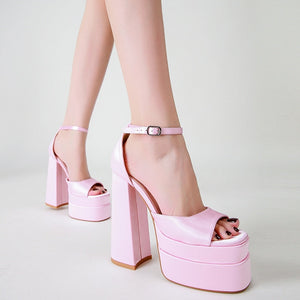 Party Sandals Block Heel Double Platform Women Sandals Evening Dress Heeled Sandals Cool Woman Shoes Square Toe Silk High Heels