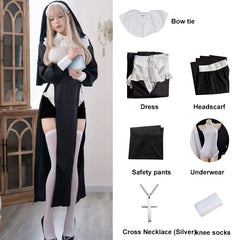 Nun Cosplay Costume Women Fancy Dress Set Halloween Party Roleplay Outfit Adult Nun Dress Black Fancy Cosplay Dress Up