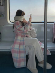 Winter Rainbow Woollen Coats Women Casual Warm Loose Plaid Long Coats Female Korean Fashion Office Lady Trench Jackets Y2k