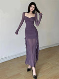 Winter Party Queen Purple Mature Sexy Beautiful Confident Elegant Graceful Women'S Translucent Thin Straight Dress