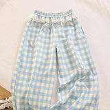 Sweet Lace Plaid Pants Women Patchwork Loose High Waist Wide Leg Trousers Japan Casual Lady Vintage Cute Spring New Pant