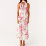 Floral Print V Neck Halter Maxi Dress with Scarf Sexy Women Bodycon Long Dresses Lady Formal Cocktail Party Backless Sundress