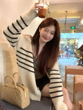 Women Cardigan Sweater Striped V-neck Button-up Sweater Jacket Comfy Cozy Slouchy Cardi Autumn Winter Casual Outfit