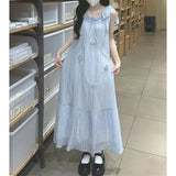 Women's Light Blue Sleeveless Strap Maxi Dress Ruffle Decor Pleated Loose Fit Elegant Casual Daily Party Dress