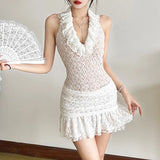 Pbong  Sexy Deep V-Neck Halter Mini Dress Women Summer New Backless Skinny Ruffled Vestidos New Vacation Vogue Solid Lace Dress