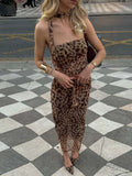 Leopard Print Skirt Suit Women's Sexy Strapless Vest Ribbon Mesh Spliced Long Skirt Fashion High Waist Two Piece Set