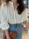 Pbong  White Blouse Women Temperament Korean Tops Stand Neck Long Sleeve Autumn Shirts Hollow Out Loose Blouses