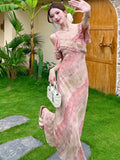 Womens Pink Floral Chic Off Shoulder Sexy Sling Long Dress Summer Elegant Ruffled Casual Dress 2025 Korena Fashion Bodycon Dress