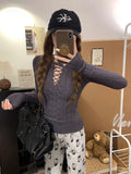 Half Lace Up Sweater for Women Long Sleeve Slim Fit Knitted Tops Pullovers Femal Lace-up Jumper Autumn Winter Y2K Outfit