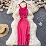 Pbong  Sexy Waistless Knitted SLing Dresses for Summer Women's Dress New Korean V-neck sleeveless Midi wrap buttocks split dress