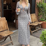 Pbong  Women Sheer Mesh Maxi Dress Polka Dot Floral Print Tie Front Ruffles Trim Split Hem Party Dress Summer Vacation