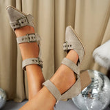 Summer Single Shoes Women Fashion Pointy Shallow Mouth Cattle Suede Rivet Metal Buckle Non-slip Wear-resistant High Heels