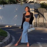 Fall Midi skirts vintage clothes y2k korean style skirts for women blue jeans skirt high waisted denim skirt black front slit