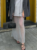 Mesh Pleated See-Through Long Skirt For Women Sheer Sexy Hollow Out Holiday Beach Skirt Female High Waist Y2k Maxi Skirt