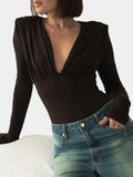 Pbong   Sexy Deep V-neck Long Sleeve Women Bodysuit Black High Waist Ruched Playsuit Autumn Slim Elegant Party Clubwear
