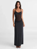 Halter Backless Sexy Maxi Dress Women Gown Mesh Patchwork Sleeveless High Waist Slim Elegant Long Dress Fashion