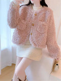 Pink Sweet Faux Lamb Coat Women Winter Warm Long Sleeve Chic Short Coat Korean Elegant Female O Neck Cute Thick Outwear New