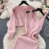 Pbong  Autumn Winter Slimming Knitted Sweater Dress Set Women's Mid-Length Base Layer Knee-Over Bottoming Dresses Fashionable