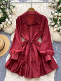 Gentle Korean Shirt Dress Female Single Breasted Lace Spliced Fashion Long Sleeve Women A Line Solid Autumn Chic Dress
