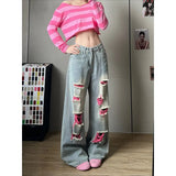 Pbong   Women Blue Baggy Y2k Jeans Hip Hop American Wide Leg Jean Pants Vintage 2000s Harajuku Denim Trousers Clothes Summer