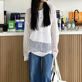 Oversized Crochet Top for Women Long Sleeve Crew Neck Casual Open-knit Sweater Pullovers Top Teen-girl Grunge Y2K Outfit